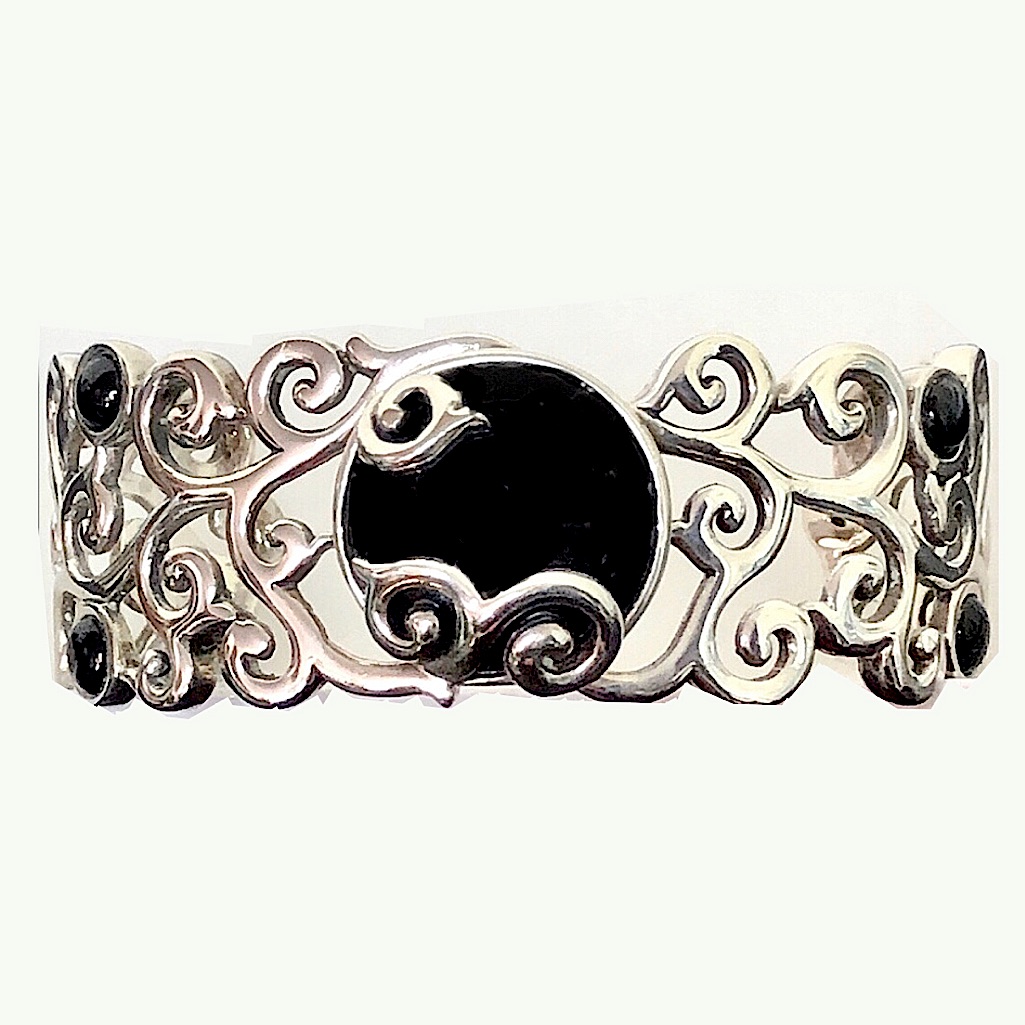 Barse Black Onyx Cabochon Sterling Silver Scroll Filigree Cuff Bracelet Mint 500$